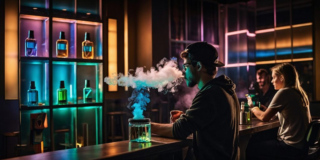 Un groupe de jeunes vapotant ensemble, illustrant la dimension sociale de la vape dans un bar.