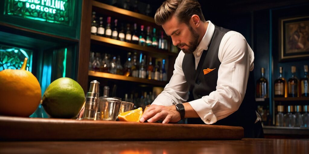 Une image d'un barman préparant un cocktail Machato avec des fruits tropicaux et des épices